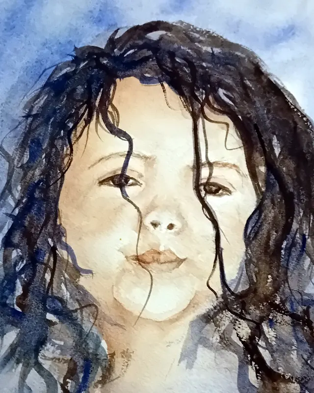 Portrait à l'aquarelle d'un enfant aux cheveux bouclés
