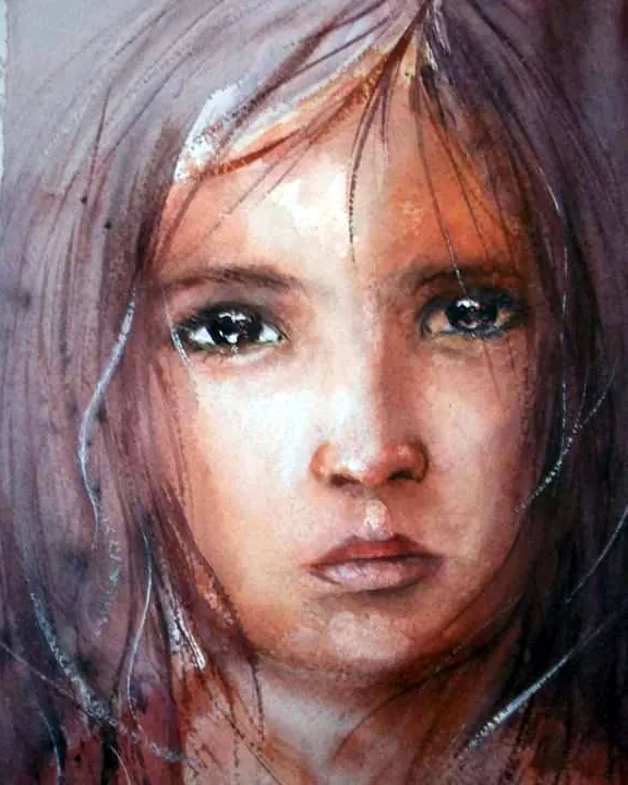 Portrait à l'aquarelle d'une jeune fille, tons chauds