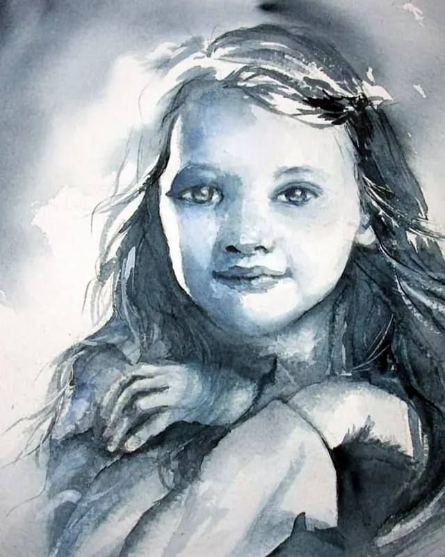 Portrait à l'aquarelle d'une fillette, camaïeu de gris bleu